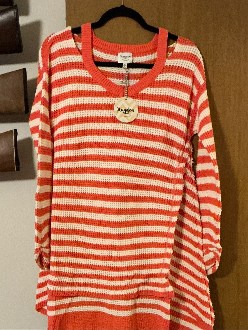 Hayden Coral and White Striped Crewneck Sweater